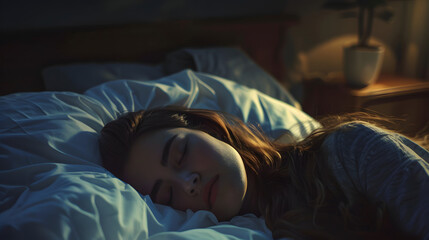 Young attractive woman sleeping in the bedroom, she is lying on the side and relaxing with eyes closed