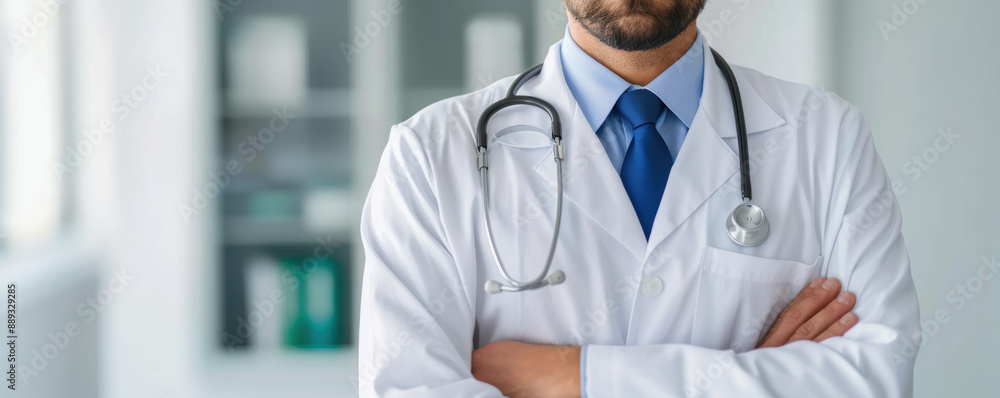 Poster a man in a white lab coat stands in front of a bookshelf