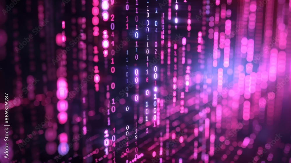 Aufkleber Pink and white binary code streams down a dark background, creating an abstract digital aesthetic.