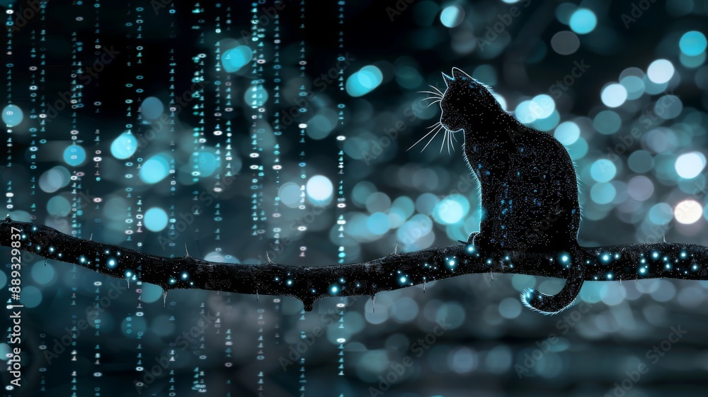 Poster a black cat sits on a branch with a background of blue lights. the cat is facing to the left and its