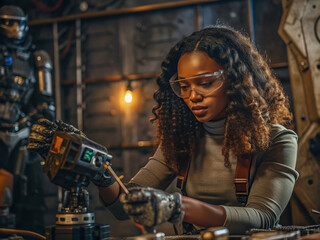 Woman in a red sweater and safety glasses working with a robot