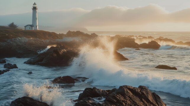 Ocean waves crashing on a rocky coastline with a white lighthouse standing on a cliff in the background during a beautiful sunset