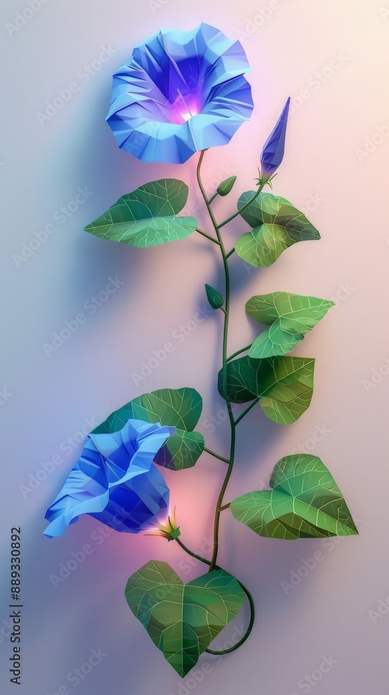 Wall mural A delicate morning glory vine climbs upward, its blue flowers glowing with soft light