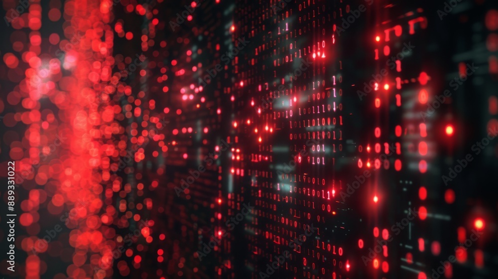 Aufkleber A dark wall with binary code glowing red, creating a futuristic and abstract digital background.