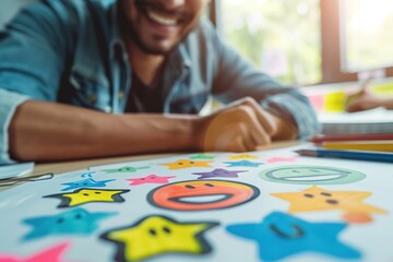 Fototapeta premium Smiling Man Working on Drawings of Smiley Faces and Stars
