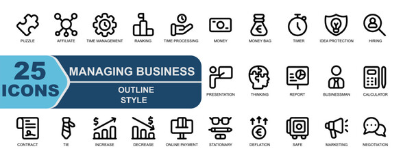 icon set managing bisnins.style outline.contains business,puzzle,riddle,network,affiliate,time management,develop,ranking,time processing,money,profit,money bag,treasure,timer,working time,idea protec