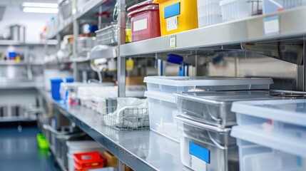 A clean and organized commercial kitchen with labeled containers and sanitized surfaces. High-resolution, food safety environment, kitchen cleanliness, labeled storage, hygiene standards