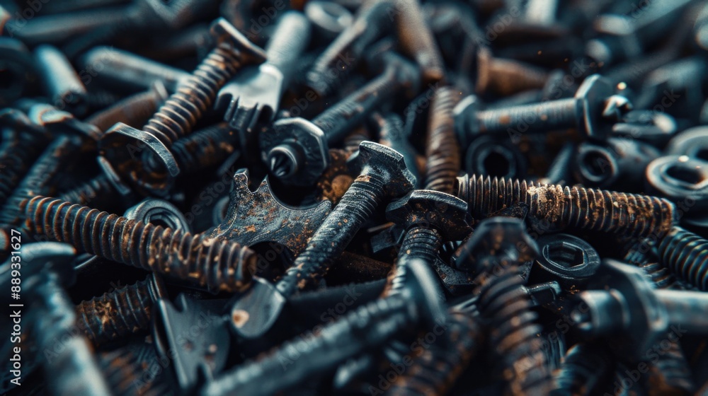 Poster Pile of screws and nuts stacked on top of each other, various types and sizes displayed