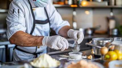 A chef wearing gloves and a mask, carefully measuring ingredients for a recipe in a sanitized kitchen.