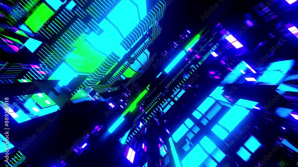 Poster flight through hi-tech technology tunnel with camera shake. neon light in mirror room, sci-fi constr