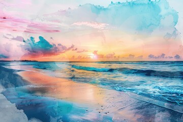 Obraz premium Watercolor beach scene, soft hues, fluid strokes, light and airy, detailed but delicate, pastel colors
