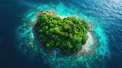 Tack-Sharp Drone Photo of Small Island with Visible Coral Reef in Tropical Paradise