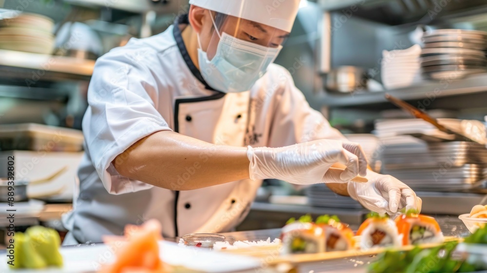 Wall mural a chef wearing a mask and gloves while preparing sushi, highlighting the importance of food safety i