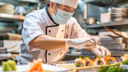 A chef wearing a mask and gloves while preparing sushi, highlighting the importance of food safety in raw food handling. High-definition, hygiene, raw food preparation, kitchen safety, sushi making