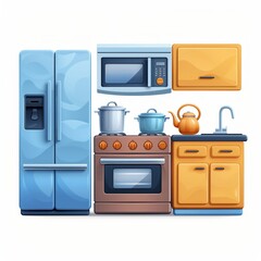 Fototapeta premium Simple vector icon illustration of a 3D-rendered microwave, refrigerator, and stove grouped at the center, representing essential kitchen appliances for modern cooking, isolated on a white background