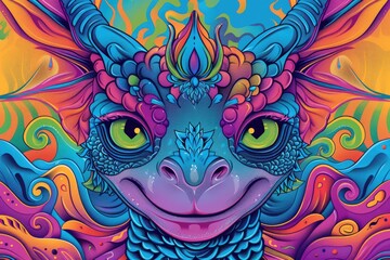 Cartoon dragon with bright colors, playful expression, fantasy background, whimsical and fun, bold outlines