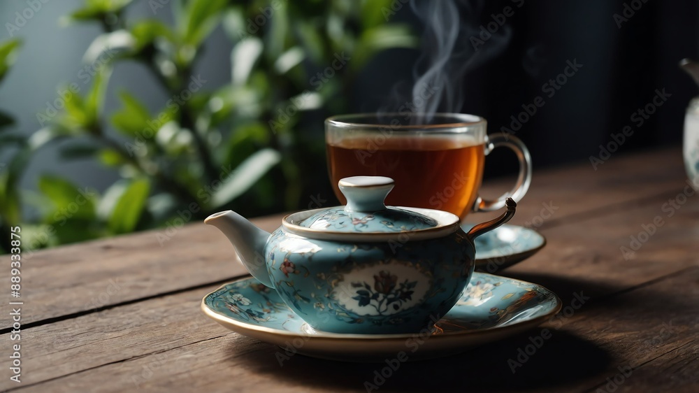 Poster tea on empty table background
