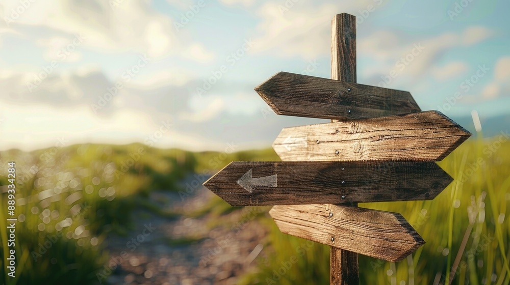 Poster A wooden sign with multiple arms pointing in various directions, suitable for use as a navigation aid or decorative piece