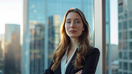 Confident businesswoman standing in office, blurred city buildings scenery in the background
