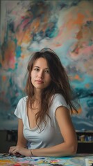 Obraz premium AI generator image of woman creating a vision board Include calming colors like soft pinks and blues , watercolor pastel