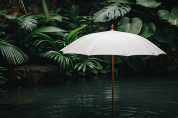 White umbrella over dark water vibrant and serene artistic scene inviting setting tropical vibes peaceful atmosphere relaxing
