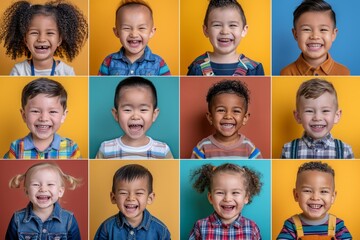 Global childcare  multicultural toddlers collage with radiant colors and innocent smiles