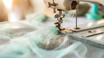 AI generator image of sewing machine sewing with mesh fabric,Working part of antique sewing machine. Selective focus on spool of thread, metal shuttle and sewing needles