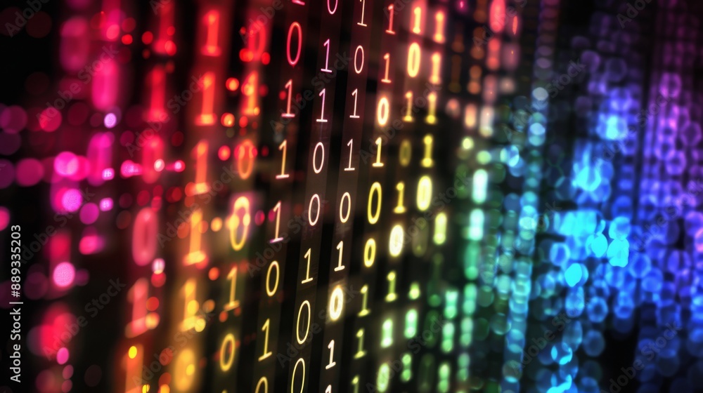 Fototapete A close-up shot of a digital display with binary code, illuminated by a colorful rainbow of lights, creating a dynamic and abstract background.