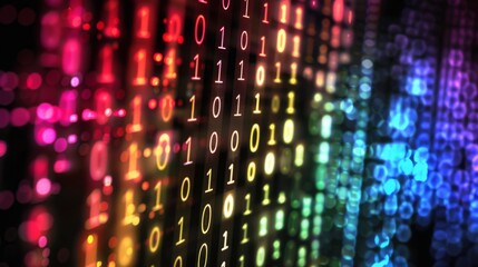 A close-up shot of a digital display with binary code, illuminated by a colorful rainbow of lights, creating a dynamic and abstract background.