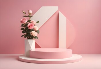 3d podium pedestal platform in pink ,white,cream color with geometric backdrop and rose on pink background for product display, presentation, advertising.	
