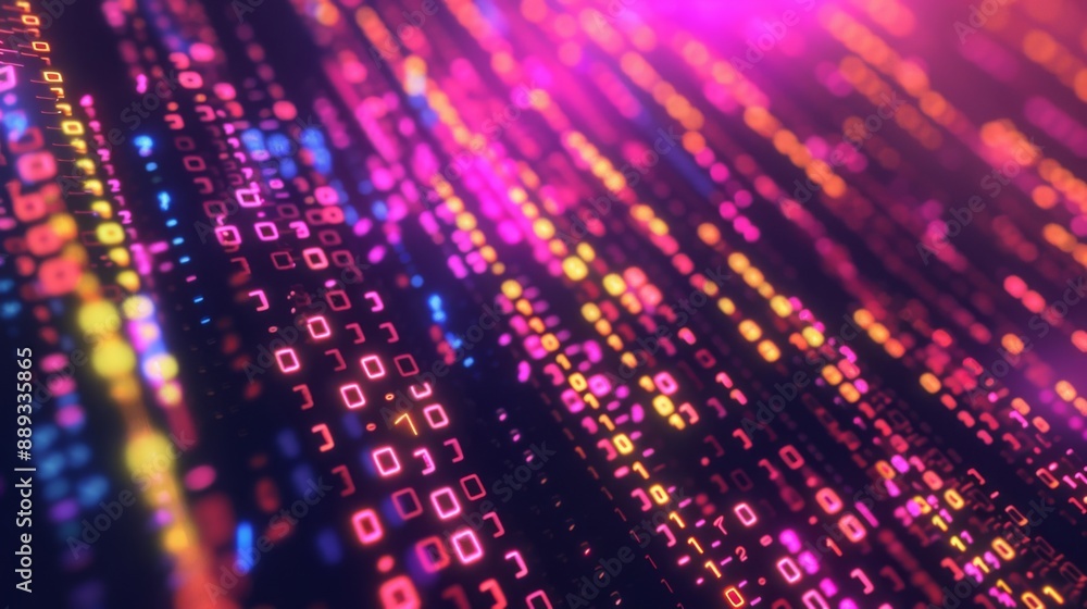 Poster A colorful, abstract digital background featuring rows of binary code. The code glows with vibrant colors, creating a dynamic and futuristic effect.