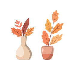 Leaves in a vase for interior decor. Autumn composition. Indoor plant in a pot. Isolated on white background. Vector flat illustration.