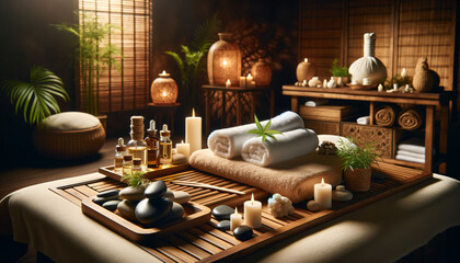 a spa room with candles and towels on a tray