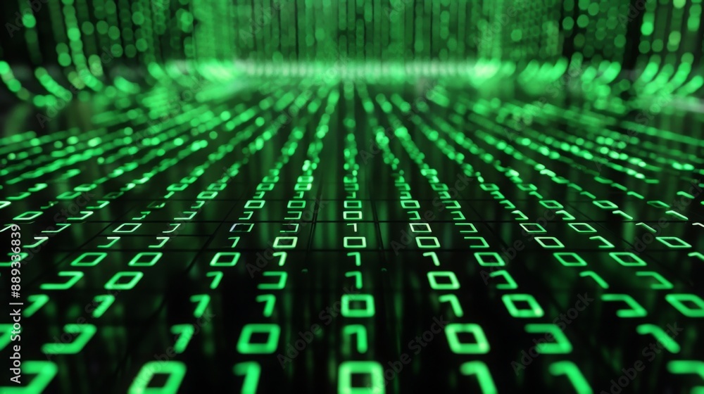Poster A digital background of green binary code flowing in a stream.