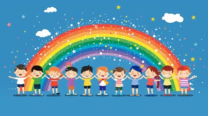Fototapeta premium Cartoon children holding hands under a colorful rainbow, happy diverse kids group in a flat vector illustration, cheerful childhood and friendship concept