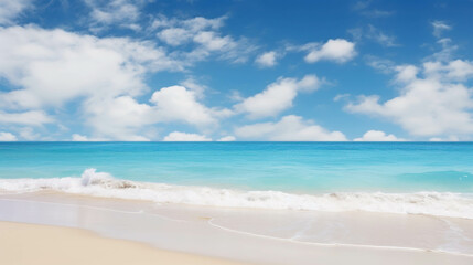 Fototapeta premium Serene Blue Ocean Waves Gently Crashing onto the Sandy Shore under a Clear Sky