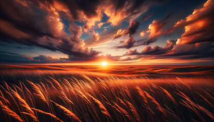 a painting of a sunset over a field of tall grass