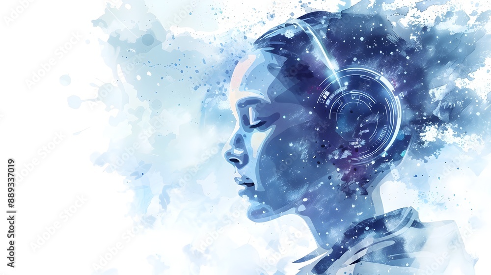 Aufkleber futuristic digital cyborg exploring ethereal cosmic mindscape in augmented reality interface