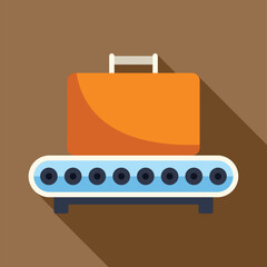 Orange suitcase is moving on an airport conveyor belt