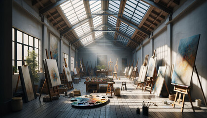 an artist's studio with lots of easels and paintings