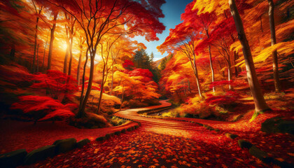 a painting of a path through a colorful forest