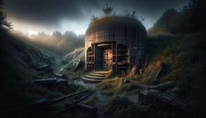 a painting of a building in the middle of a forest