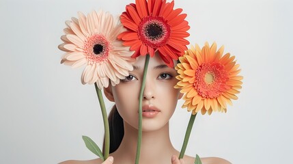 Fototapeta premium Captivating Floral Portrait of Elegant Woman Amidst Vibrant Gerbera Blossoms