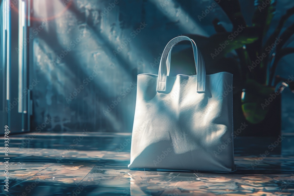 Poster a single white bag sits on a tiled floor, with a simple and clean composition