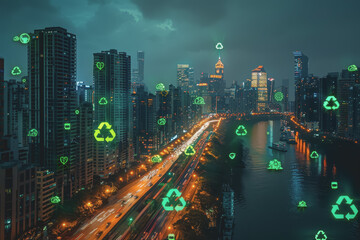 Fototapeta premium City with green energy symbols projected onto buildings Demonstrates sustainable urban development.