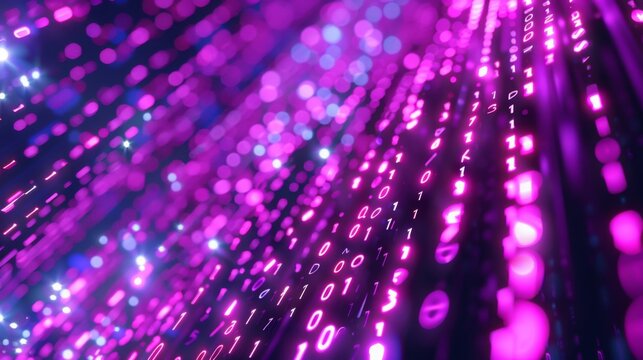 A close-up shot of a digital screen displaying binary code. The code is highlighted by pink and blue lights, creating a sense of movement and energy.