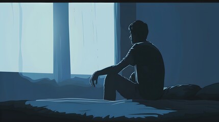 Solitary Man Lost in Contemplation by Moonlit Window