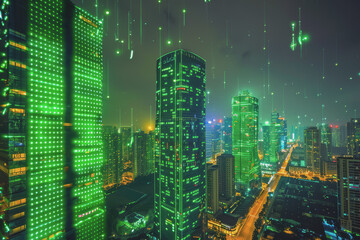 City with green energy symbols projected onto buildings Demonstrates sustainable urban development.