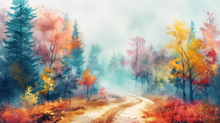 Elegant Watercolor Illustration of a Misty Autumn Forest Path with Brightly Colored Fall Trees