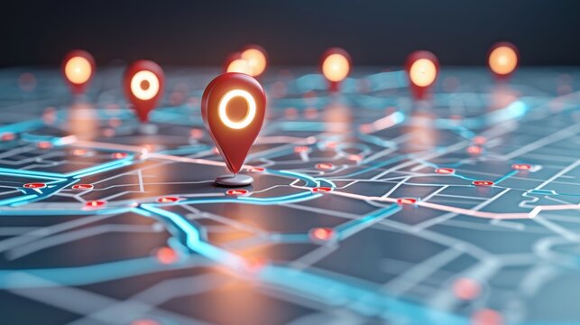 Digital map with glowing location markers symbolizing GPS, navigation, and futuristic technology in a concept of virtual mapping.